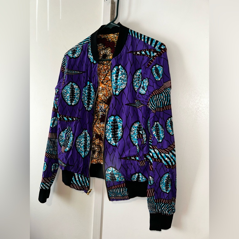 OFUURE Vibrant Purple and Blue Patterned Reversible Bomber Jacket - Small